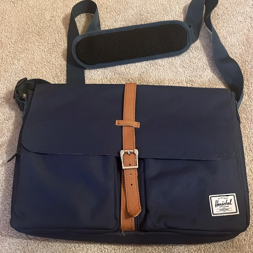 Herschel Supply Company Navy Messenger Bag with Brown Strap